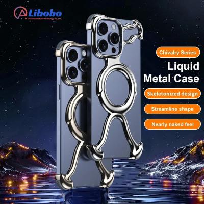 China Shockproof 3D Irregular Liquid Metal Texture Design Plating Phone Case For iPhone 13 14 15 Pro Max Hollow Magnetic Anti-drop Naked Cover for sale