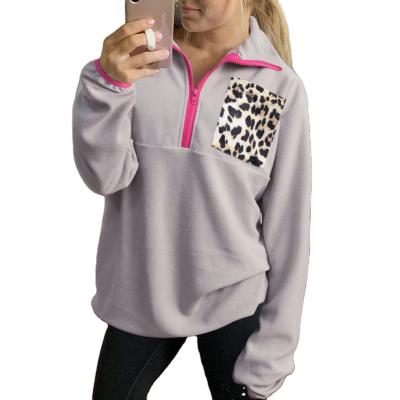 China Autumn Women Leopard Print Patch Pocket Fleece Pullover Breathable Running Sweatshirt for sale