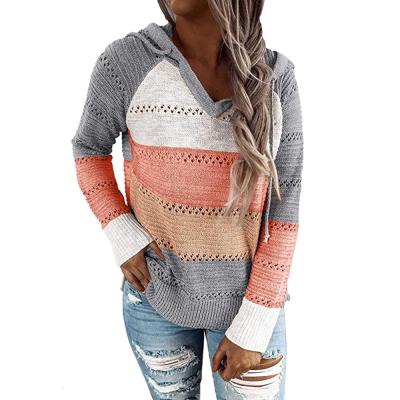 China 2020 Breathable New Autumn Winter Women Plus Size Striped Patchwork Sweaters Drawstring Knitted Hoodies for sale