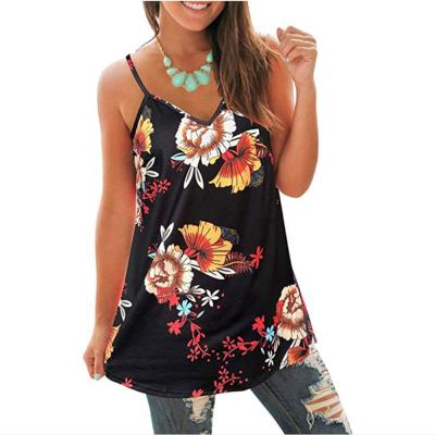 China 2020 Breathable Women Sling V-Neck Floral Print Sleeveless T-shirt Ladies Top for sale