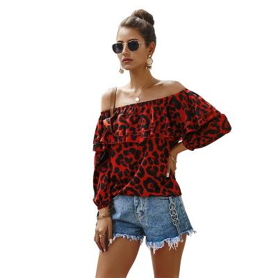 China 2020 Ladies Breathable Leopard Print Tops Long Sleeve Off Shoulder Ruffles Shirt Blouse for sale