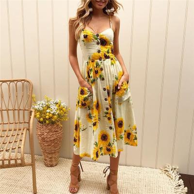 China Breathable Hot Sale Boho Beach Sunflower Floral Print Backless Ladies Button Pockets Camisole Dress for sale