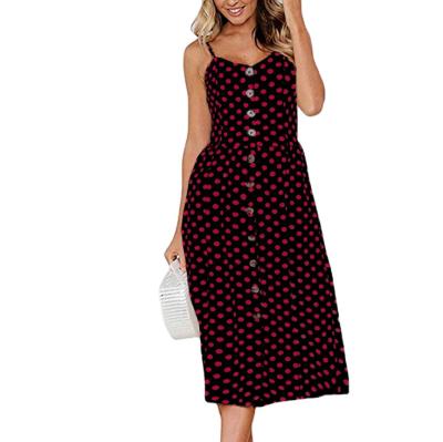 China Wholesale Viable Polka Dot Print V Spaghetti Tie Halter Button Up Women A Line Dress for sale