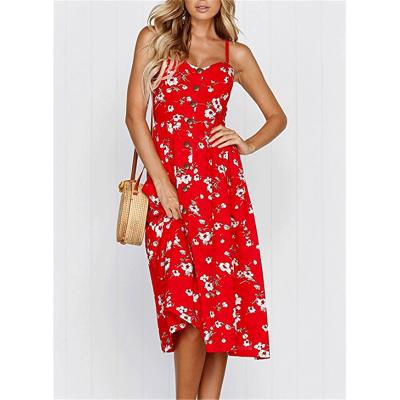 China Women Boho Floral Print V Spaghetti Strap Breathable Backless Sleeveless Beach Sundress for sale