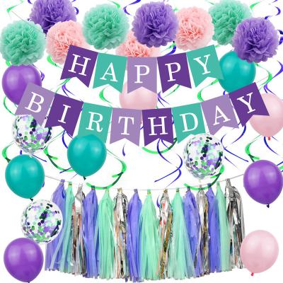 China Party Decoration Mermaid Theme Birthday Banner Happy Birthday Decoration 12inch Latex Balloon 10inch Pompom Balloon Paper Set for sale