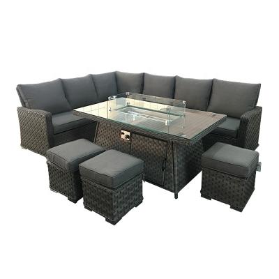 China Modern Outdoor Garden Furniture Wicker Sofa Set With Rectangular Firepit Table With Ottoman / Stools for sale