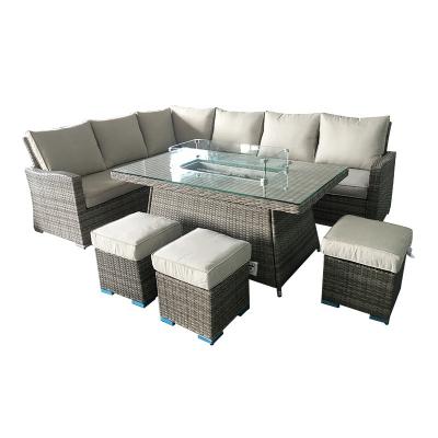 China Gray Outdoor Alum Rattan Wicker Modern Corner Sofa Set With Rectangular Firepit Lightweight Table With Cushions for sale