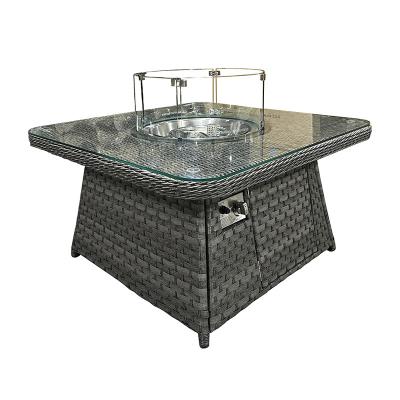 China Modern KD Aluminum Wicker Rattan Round Firepit Dining Coffee Table 100*100cm With Glass Top With Round Firepit System for sale