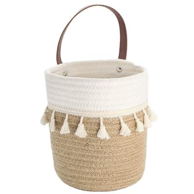 China Washable Home Storage Basket Cotton Rope With Hemp Rope With Tassel Plant Basket Flowerpot With Leather Handles for sale