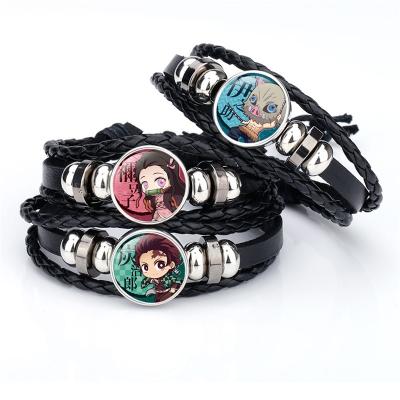 China Hot Sale CLASSIC Time Blade Demon Slayer Anime Hand Woven Hand Strap Adjustable Bracelet Gem Pu Leather Bracelet High Quality for sale