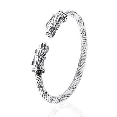 China Vintage Fashion Jewelry Stainless Steel Bangle Double Wolf Head Viking Bangles Cuff Bracelets for sale