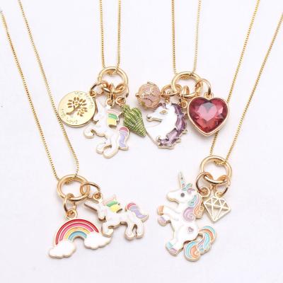 China 2020 TRENDY Children Unicorn Pendant Necklace Rainbow Cartoon Enamel Box Chain Kids Necklace for sale