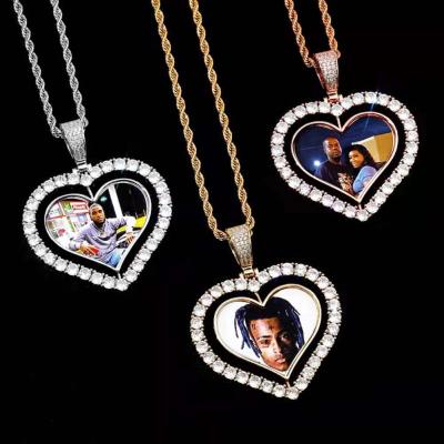 China Custom Rotating Memory Medal Picture Photo Hiphop Zircon Jewelry Pendant Necklace for sale