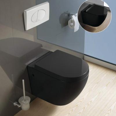 China Luxurious Black Ceramic Sanitary Ware Tankless Toilet Bowl Double-Flow Design Inodoro Black One Piece Wall Hung Toilet For Hotel Bathroom for sale