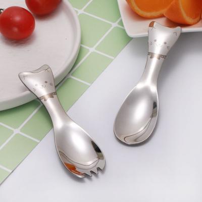 China Viable Cartoon Cat Mini Spoon Stainless Steel Practical Tableware for Toddlers Kids Training Kids Fork and Spoon Set for sale