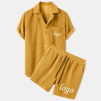 China Plus Size Custom OEM Summer Wear Solid Men's Corduroy Shirts Shorts Set Men's Two Piece Shirt and Shorts for sale