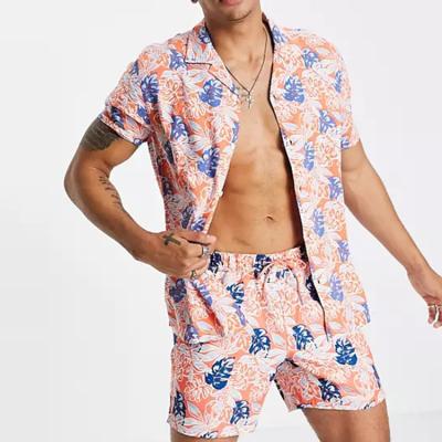 China OEM Custom QUICK DRY Summer Casual Canvas Two Piece Set Men All Over Print Palm Leaf Shirt and Shorts Men Set for sale