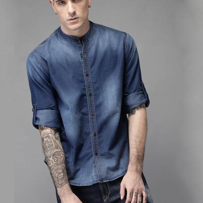 China Latest Fashion Denim Mens Mandarin Collar Casual Blue Faded Shirt Breathable for sale