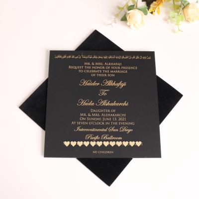 China Europe hot sale of velvet wedding invites black acrylic with velvet pocket for wedding invitations for sale