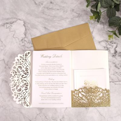 China Europe Gold Glitter Invitation Card Laser Engraved Hollow Out Foil Stamping With Envelope Reply Card Decorations Wedding Invitations for sale