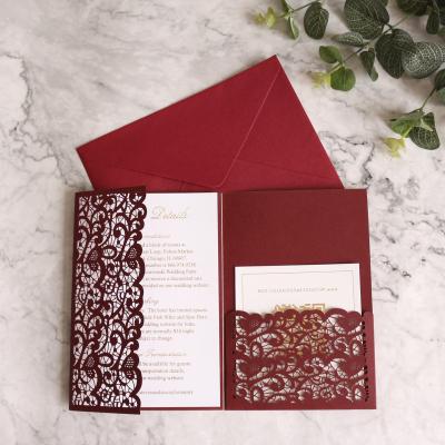 China Europe Customized Beautifully Designed Laser Cut Hollow Pattern With Envelope Reply Card Thank You Card Foil Red Wedding Invitations for sale