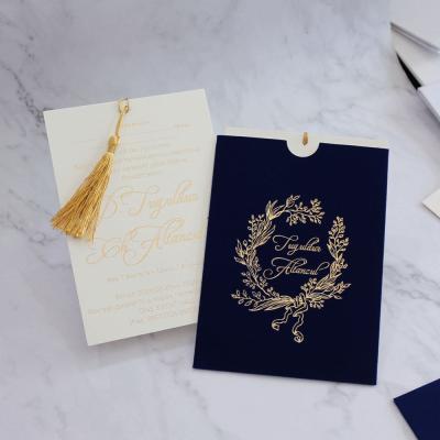 China Europe Gold Foil Wedding Invitation Cards with Navy Blue Velvet Envelope for sale