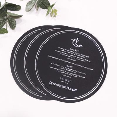 China Fashiom round black table card custom size wedding dinner design hotel paper free menu cards for sale