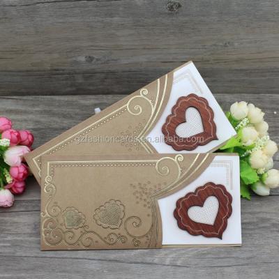 China Europe 2019 Classic Hot Stamp Heart Shape Wedding Invitation Pocket Wooden Folder Cards for sale