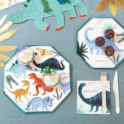 China Modern Dinosaur Printing Customized Octagon Shape Kids Birthday Party Paper Plate for sale