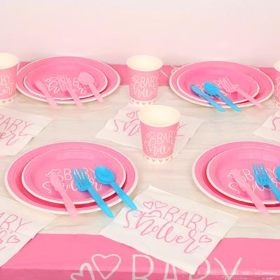 China Modern Baby Full Moon Birthday Party Reception Pink Decoration Paper Plate Disposable Tableware for sale