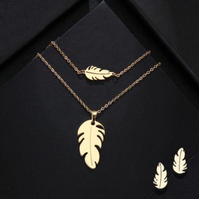 China Trendy Simple Fashion Bracelet Earring Necklace Set Leaf Stainless Steel Pendant Jewelry Set for sale