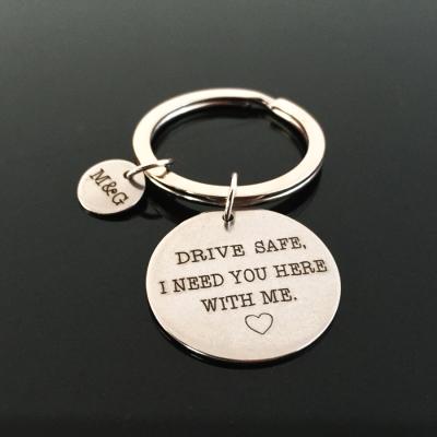 China Trendy Custom Engrave Name Initial Letter Couples Keychain Gift Drive Safe I Need You Here With Me Key Chain for sale