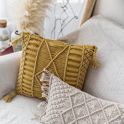 China Custom Logo Mustard Handmade Folded Cushion Bohemian Decorative Crocheted Macrame Blanket Fall Blanket Pillow for sale