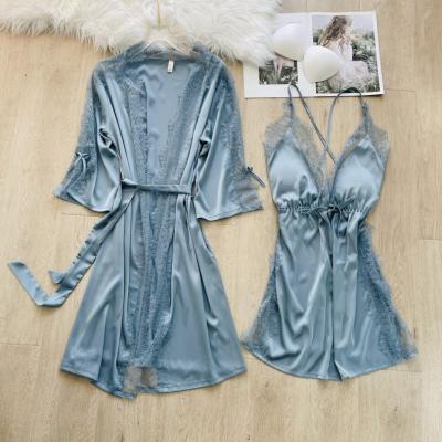 China 2pcs Womens Satin QUICK DRY Silk Pajamas Set With Lace Decoration Sleepwear For Women for sale