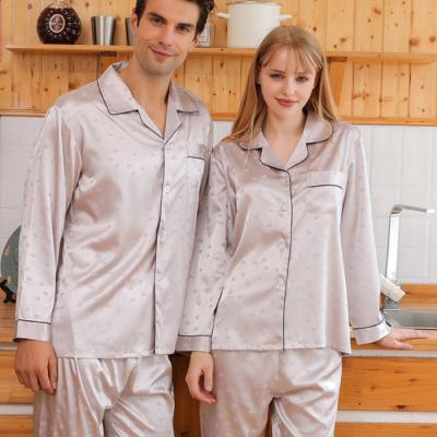 China Breathable Long Sleeve Jacquard Pattern Two Pieces Silk Couple Sleepwear Pants, Couple Sleepwear Pajamas Set for sale