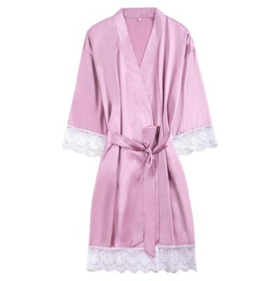 China QUICK DRY Women's Lace Trim Kimono Long Robe Nightgown Sleepwear Satin Knee Length Robe Long Robe for sale