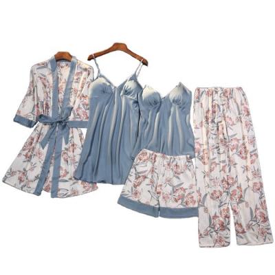 China Hot Selling Luxury Breathable 5 Pieces Pajamas Silk Sleepwear Long Robe Set Ice Satin for sale