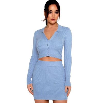 China New fashion autumn and winter anti-static two-piece women's V-neck long sleeve luxury sexy slim miniskirt knit set for sale