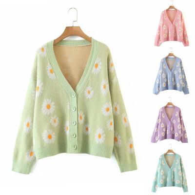 China 2022 New Autumn Sweet Design Women Sweater Style College Chrysanthemum Anti-wrinkle Chrysanthemum Loose Casual Cardigan for sale