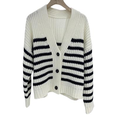 China 2022 Warm Knitted Cashmere Embroidery Women Cardigan Sweater Fashion Stripe Autumn Winter Anti-wrinkle Knit Lady Loose Sweater Cardigan Coat for sale