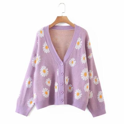 China new design women V-neck cardigan Anti-wrinkle loose knit wear to knit custom floral women cardigan sweater for sale