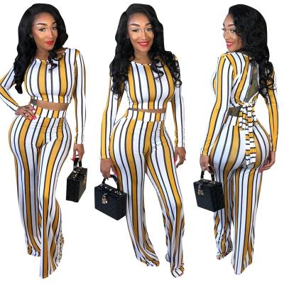 China Women's Spring Two Piece Clothing 2021 Selling Long Sleeve Stripe Printing Woman Breathable Hot Sexy Bandage Woman for sale