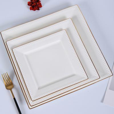 China CANHUI Hotel Dish Rustic White Porcelain White Gold Rim Square Ceramic Dinnerware Square Dish With Gold Rim for sale