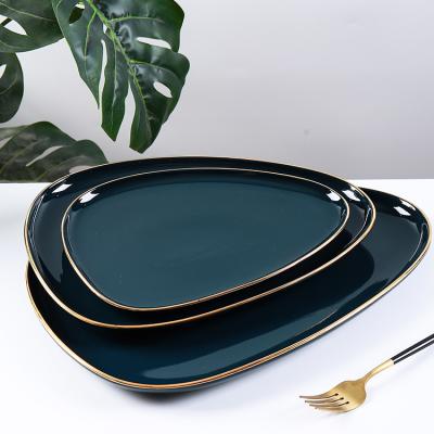 China CANHUI Gold Rim Porcelain Oval Luxuriating Plates Dinnerware Viable Custom Wholesale Green Ceramic Dish for sale