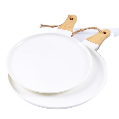 China CANHUI Sustainable Party Dinner Dishes Dish Porcelain Set Luxury Round Serving Pizza Dish With Bamboo Handle for sale