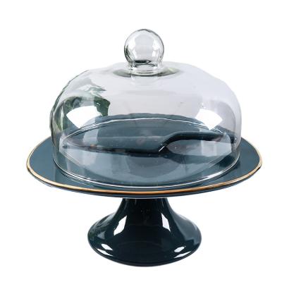 China Sustainable Ceramic Multi Size Round Porcelain Ceramic Cake Stand With Glass Cover for sale