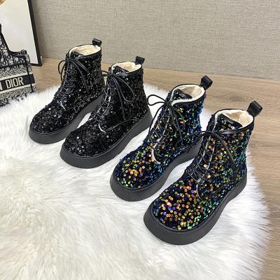 China Waterproof Most Popular Fashion Trend Black Sequins Lace Up Woman Platform Shoe Round Toe Leather Platform Lace Up Ankle Boot for sale