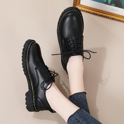 China New All-match British Round Comfortable Soft Sole Black Leather Flat Lace Up Shoes Retro for sale