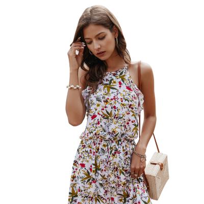 China New Arrival SS21 Ruffle Edge Flower Printing Knee Length Breathable Sleeveless Women's Halter Prnting Casual Outfits for sale