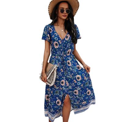 China New design SS21 v neck shortsleeve flower border print comfort breathable vicose split print maxi dresses for sale